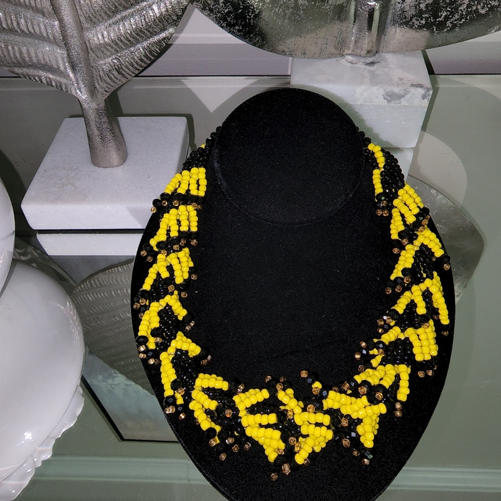 Yellow and black glass beaded necklace. Handmade in Ghana West Africa